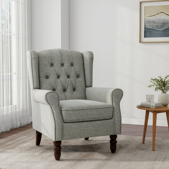 UIXE High Back Accent Chair Upholstered Armchair in Fabric Comfy Wingback Chair Bedroom Reading Seat with Solid Wood Legs, Light Gray Tufted