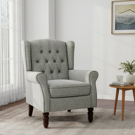 UIXE High Back Accent Chair Upholstered Armchair in Fabric Comfy Wingback Chair Bedroom Reading Seat with Solid Wood Legs, Light Gray Tufted