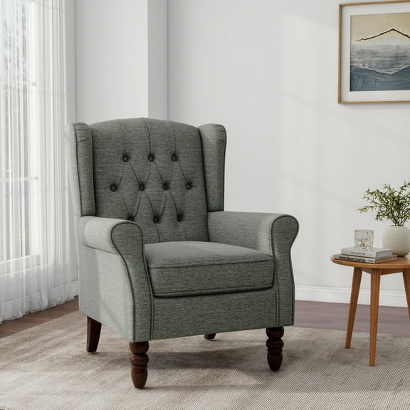 UIXE High Back Accent Chair Living Room Chairs Upholstered Armchair in Fabric Retro Wingback Arm Chair, Gray Tufted