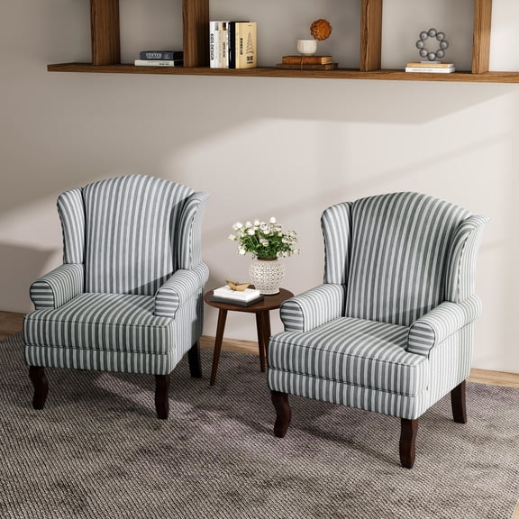 UIXE High Back Accent Chairs Set of 2, Upholstered Armchair in Fabric with Solid Wood Legs, Retro Arm Chair Comfy Single Sofa Reading Seat for Living Room, Stripe Gray