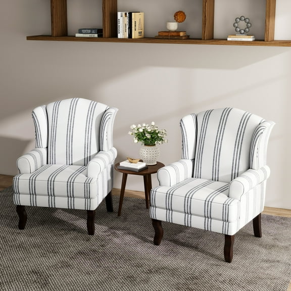 UIXE High Back Accent Chairs Set of 2, Upholstered Armchair in Fabric with Solid Wood Legs, Retro Arm Chair Comfy Single Sofa Reading Seat for Living Room, Stripe Navy