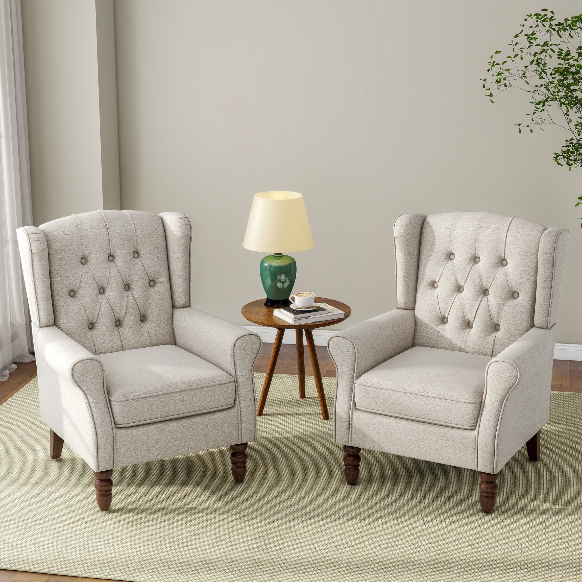 UIXE Wingback Accent Chair Set of 2, High Back Accent Armchair Tufted Wing Back Chairs for Living Room, Beige Tufted