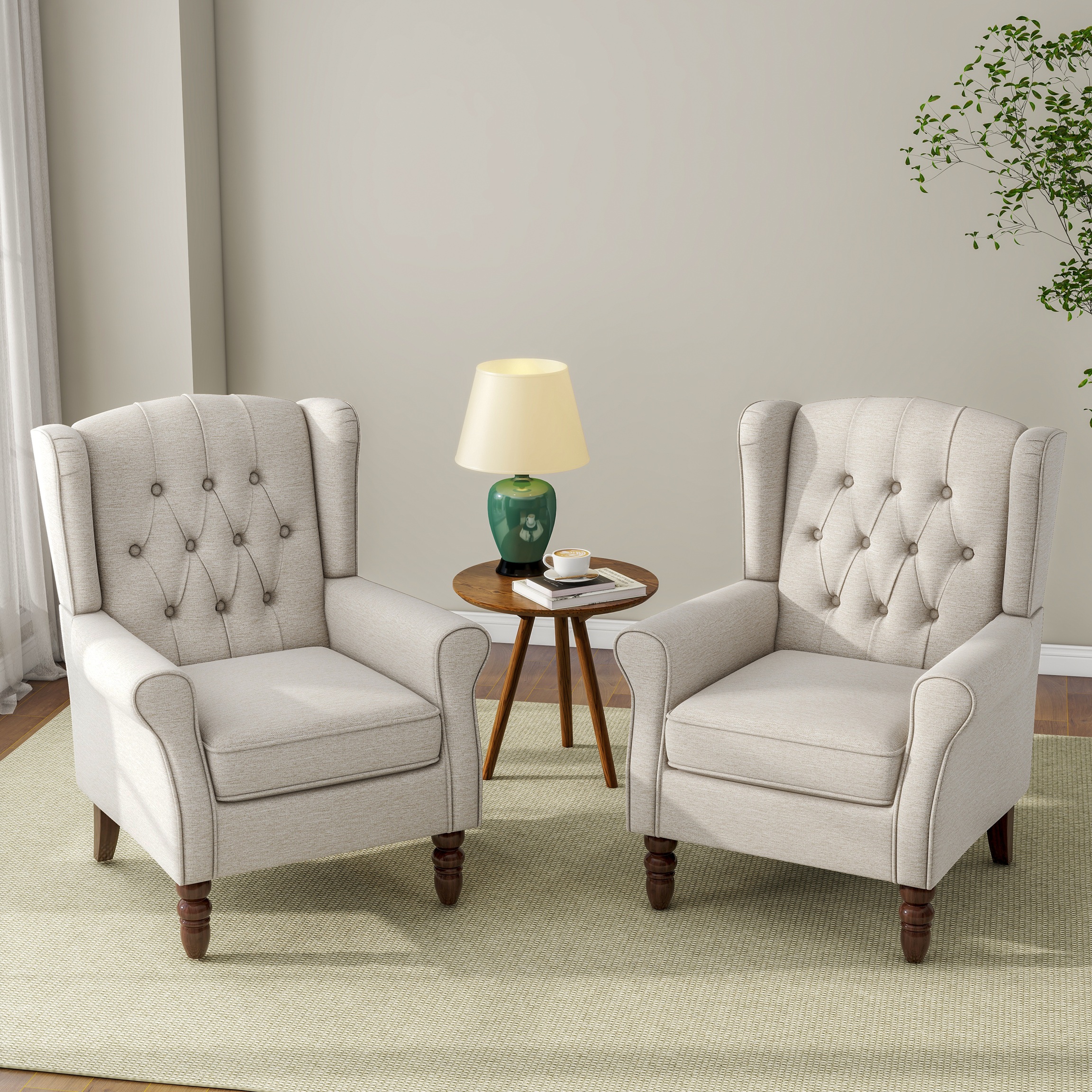 UIXE Wingback Accent Chair Set of 2, High Back Accent Armchair Tufted Wing Back Chairs for Living Room, Beige Tufted