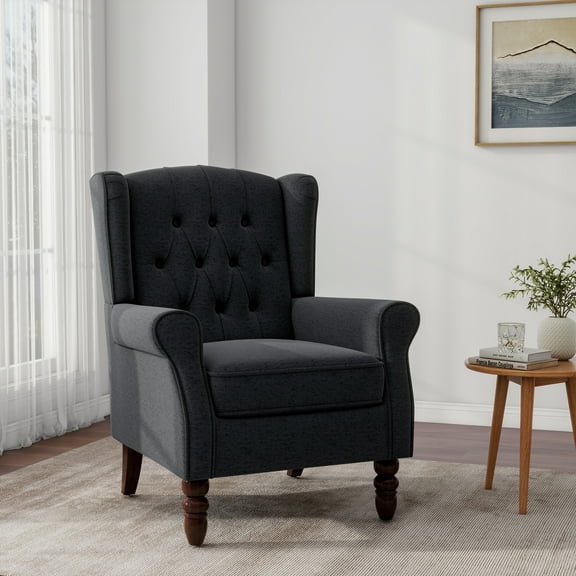 UIXE High Back Accent Chairs Upholstered Armchair Retro Wingback Chair for Living Room Bedroom Reading Seat, Black Blue