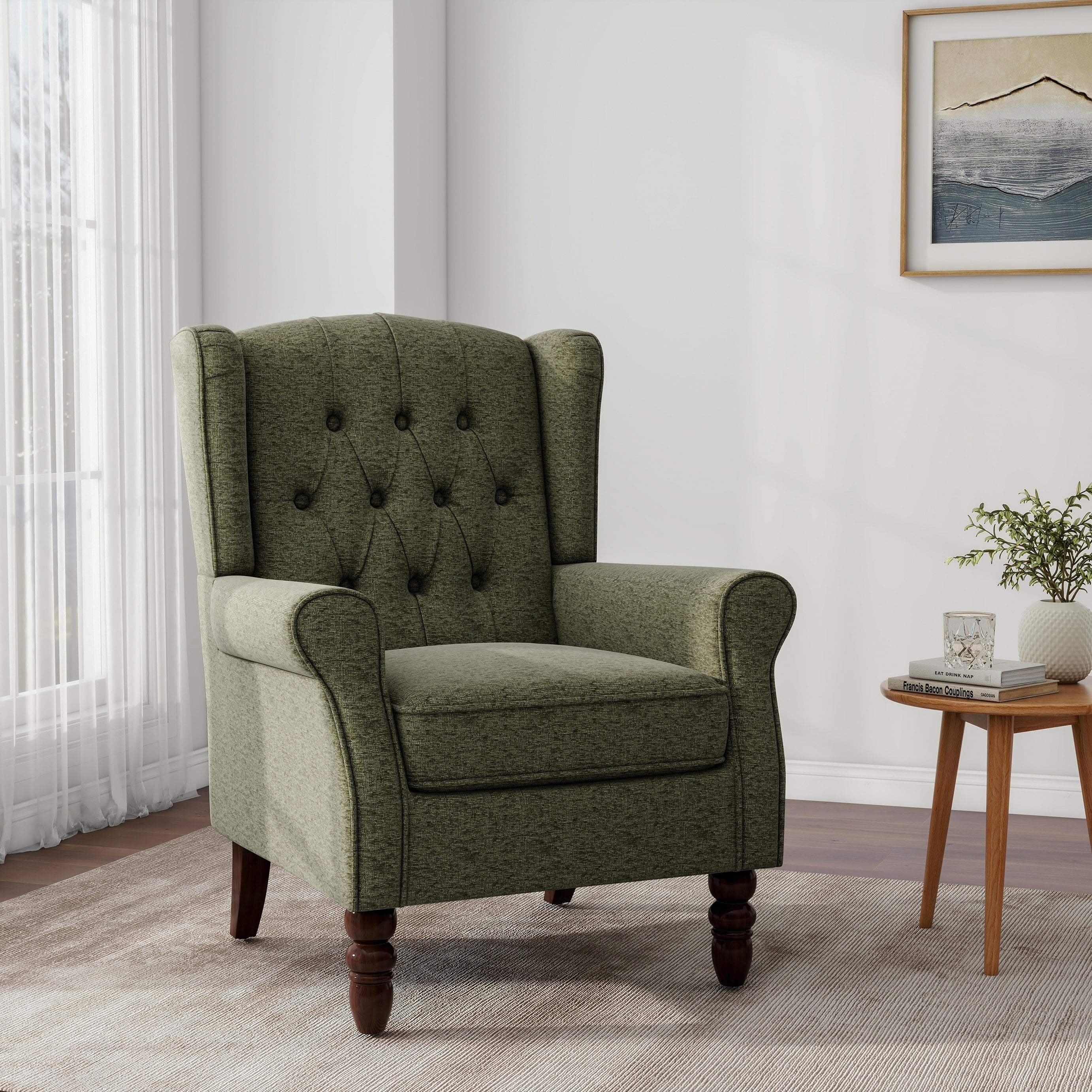 UIXE Wingback Accent Chair Upholstered Arm Chair High Back Chair Living Room with Solid Wood Frame, Tufted Green