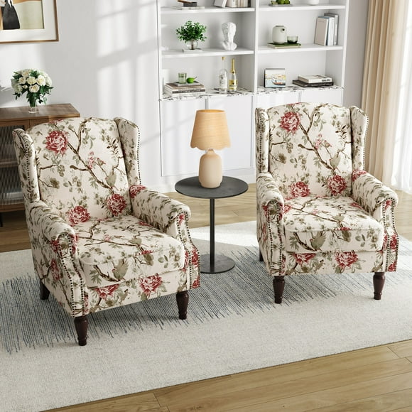 UIXE Floral Accent Chairs Set of 2 Living Room Chairs Retro Wingback Arm Chair Upholstered Armchair in Fabric , Beige Pattern