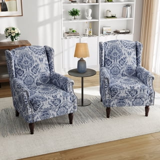 UIXE Wingback Accent Chair Set of 2 Upholstered Armchair Floral Arm Chair with Solid Wood Frame for Living Room, Navy