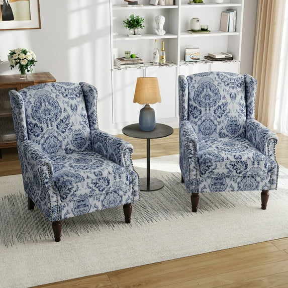 UIXE Wingback Accent Chair Set of 2 Upholstered Armchair Floral Arm Chair with Solid Wood Frame for Living Room, Navy