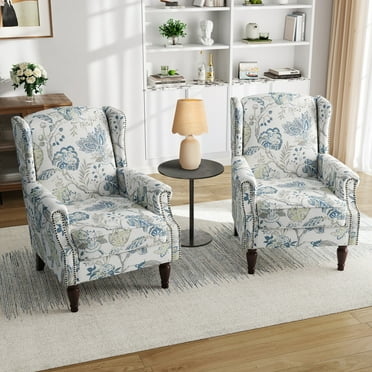 UIXE High Back Floral Accent Chairs Set of 2 Upholstered Armchair Printed Wingback Chair with Solid Wood Frame for Living Room, Plants Blue