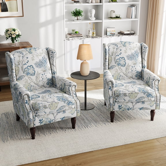 UIXE High Back Floral Accent Chairs Set of 2 Upholstered Armchair Printed Wingback Chair with Solid Wood Frame for Living Room, Plants Blue