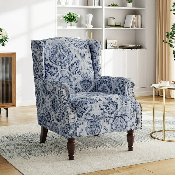 UIXE High Back Floral Accent Chairs Upholstered Armchair Printed Wingback Arm Chair Nailhead Trim Bedroom Reading Seat, Navy