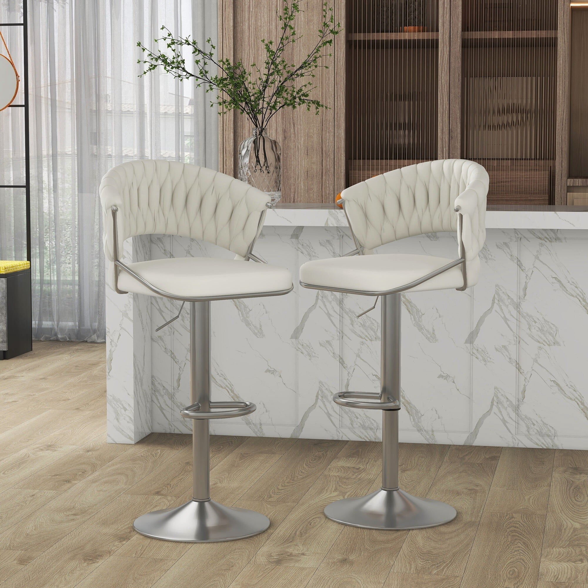 UIXE Ivory Bar Stools Set of 2 Modern High Back Swivel Barstool for Kitchen Counter Square Island, Velvet