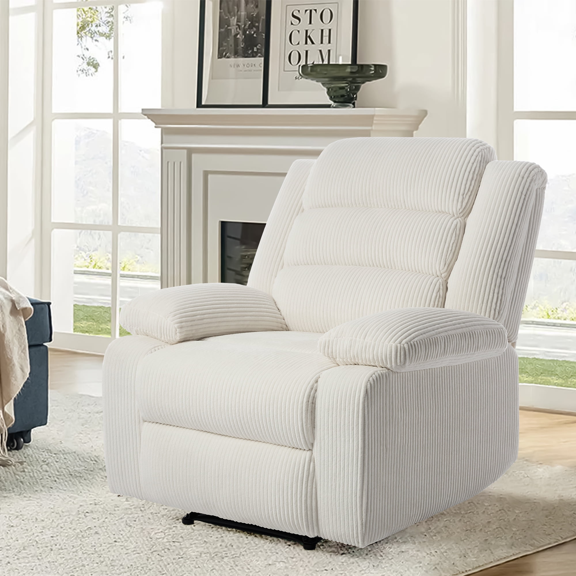 UIXE Manual Recliner Chair, Corduroy Reclining Sofa Chair with Overstuffed Armrests & Backrest for Living Room, Nursery Armchair Bedroom Reading Seat, Beige
