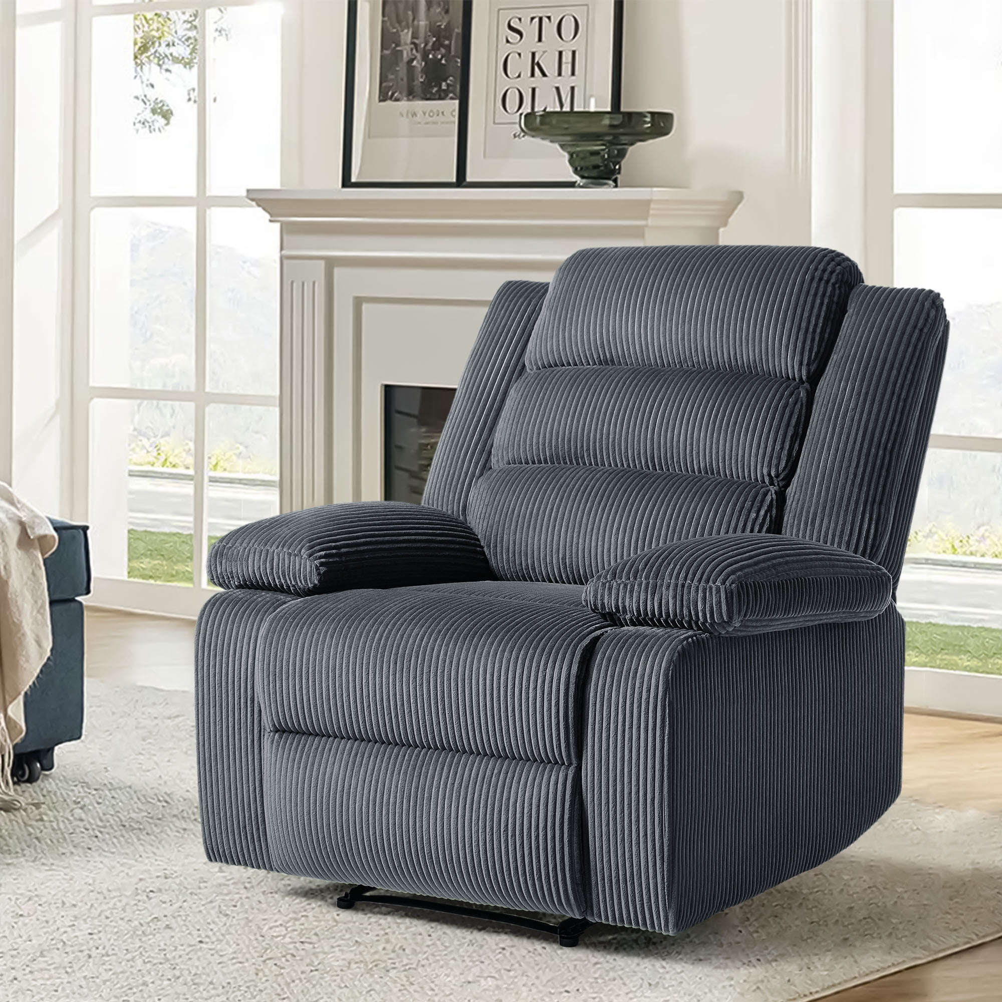 UIXE Manual Recliner Chair, Corduroy Reclining Sofa Chair with Overstuffed Armrests & Backrest for Living Room, Nursery Armchair Bedroom Reading Seat, Dark Gray