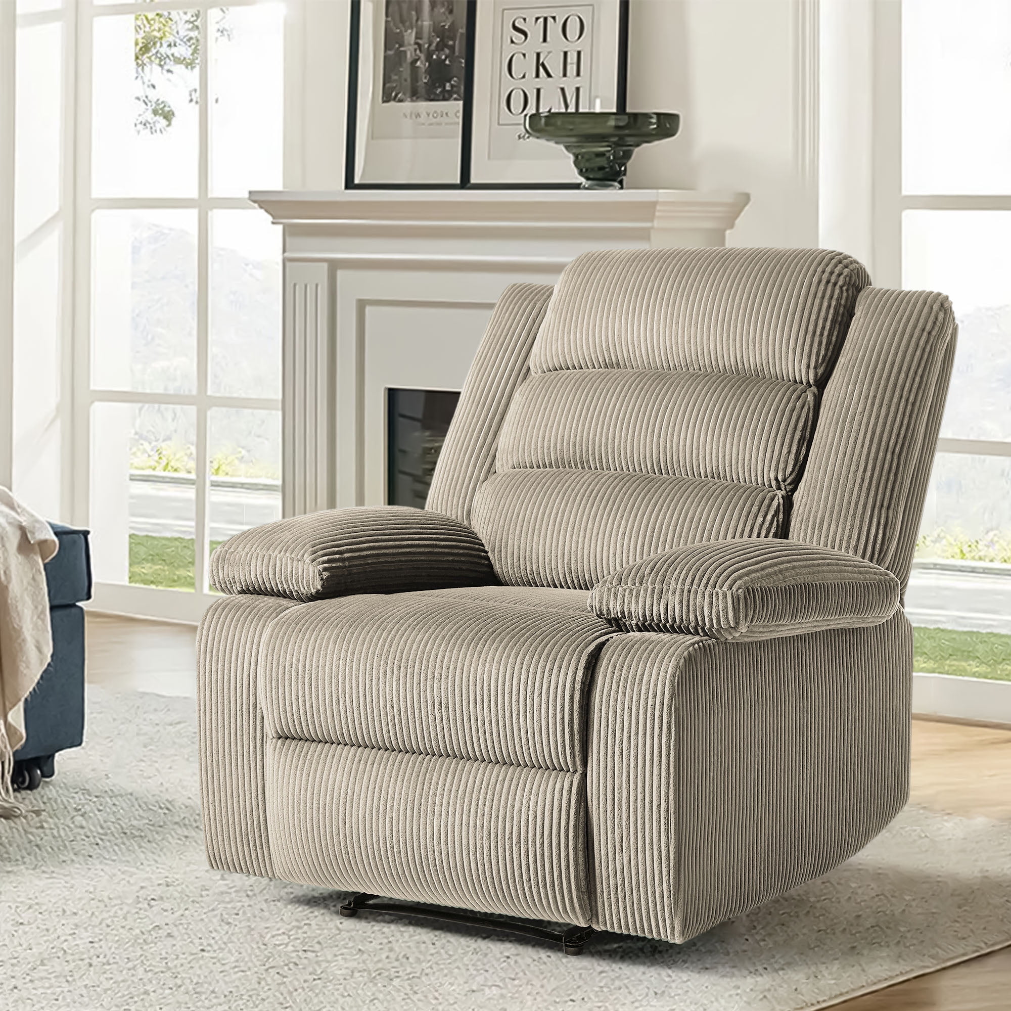 UIXE Manual Recliner Chair, Corduroy Reclining Sofa Chair with Overstuffed Armrests & Backrest for Living Room, Nursery Armchair Bedroom Reading Seat, Oatmeal