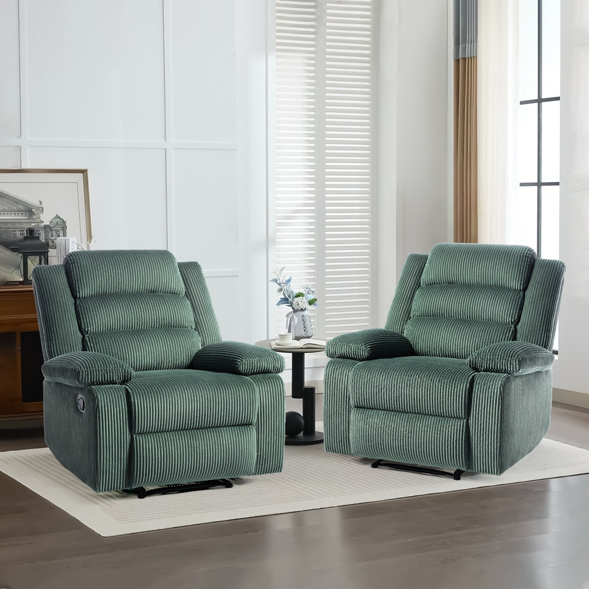 UIXE Manual Recliner Chair Seat of 2, Corduroy Reclining Sofa Chair with Overstuffed Armrests & Backrest for Living Room, Nursery Armchair Bedroom Reading Seat, Gray Green