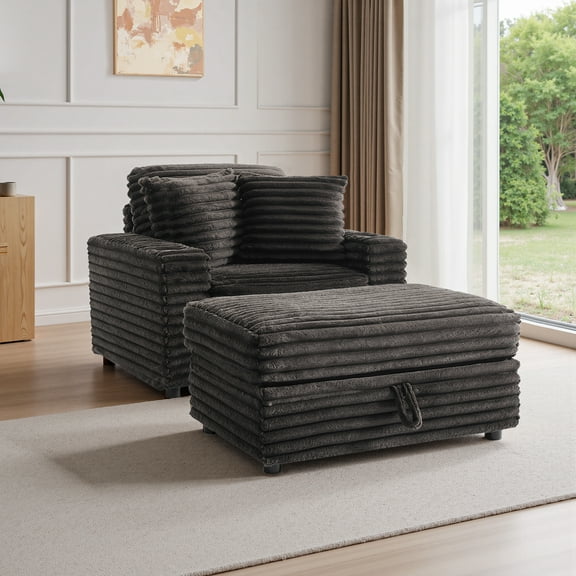 UIXE Oversized Chaise Lounge Chair Indoor with Cup Holder & Storage Ottoman, Solid Wood Frame Sofa Couch Chair for Living Room, Bedroom, Office, Chocolate