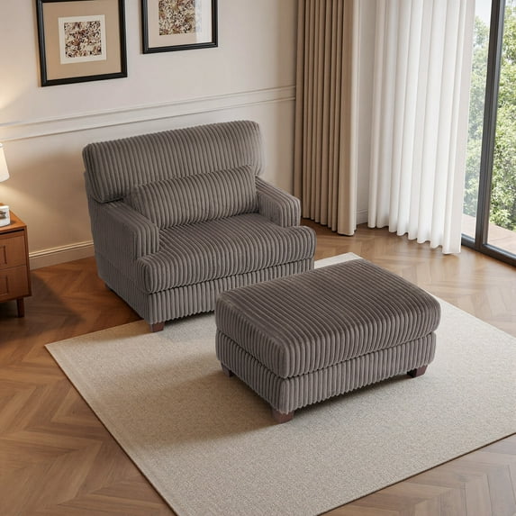 UIXE Oversized Chaise Lounge Chair Indoor with Ottoman, Solid Wood Frame Sofa Couch Chair for Living Room, Bedroom, Office, Dark Camel