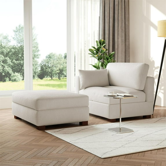 UIXE Oversized Corduroy Chaise Lounge and Ottoman, Right Armchair Chaise Lounge Indoor Furniture Living Room, Beige