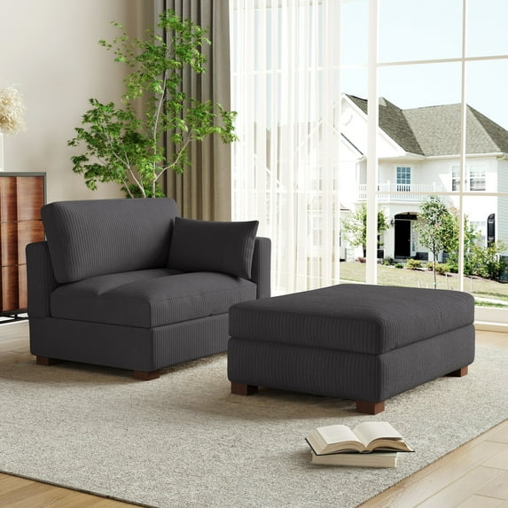 UIXE Oversized Corduroy Chaise Lounge w/Pillows Indoor Recliner Lounge Chair with Ottoman, Left Arm Chaise Upholstered Single Lounge Sofa, Gray