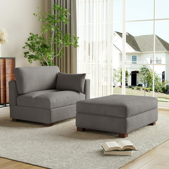 UIXE Oversized Corduroy Chaise Lounge w/Pillows Indoor Recliner Lounge Chair with Ottoman, Left Arm Chaise Upholstered Single Lounge Sofa, Light Grey