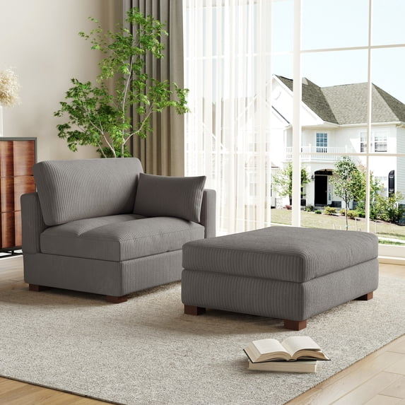 UIXE Oversized Corduroy Chaise Lounge w/Pillows Indoor Recliner Lounge Chair with Ottoman, Left Arm Chaise Upholstered Single Lounge Sofa, Light Grey