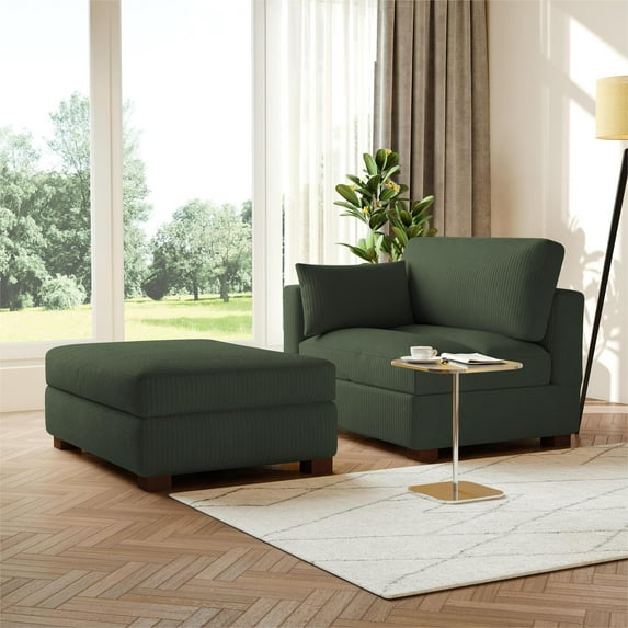 UIXE Oversized Corduroy Chaise Lounge w/Pillows Indoor Recliner Lounge Chair with Ottoman, Right Arm Chaise Upholstered Single Lounge Sofa, Green