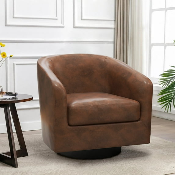 UIXE PU Leather Swivel Accent Chairs, Modern Upholstered Barrel Club Chair for Bedroom, Round Armchair Single Sofa, Coffee