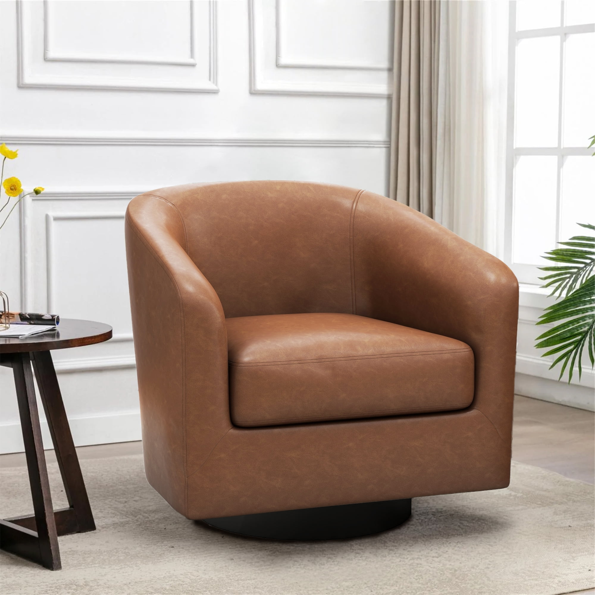 UIXE PU Leather Swivel Accent Chairs, Modern Upholstered Barrel Club Chair for Living Room, Round Armchair Single Sofa, Brown