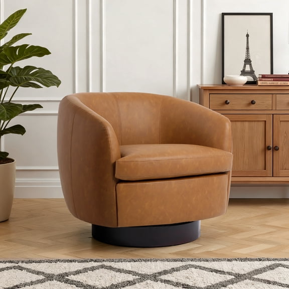 UIXE PU Leather Swivel Barrel Accent Chair, Comfy Round Upholstered Armchair Reading Chair for Living Room, Barrel Club Chairs Bedroom, Light Brown