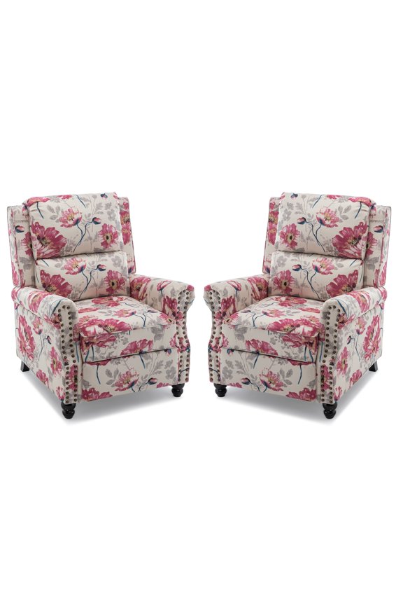 Pushback Recliner Chair Set of 2 Fabric Armchair Push Back Recliner Club Chairs Home Living Room, Pattern White