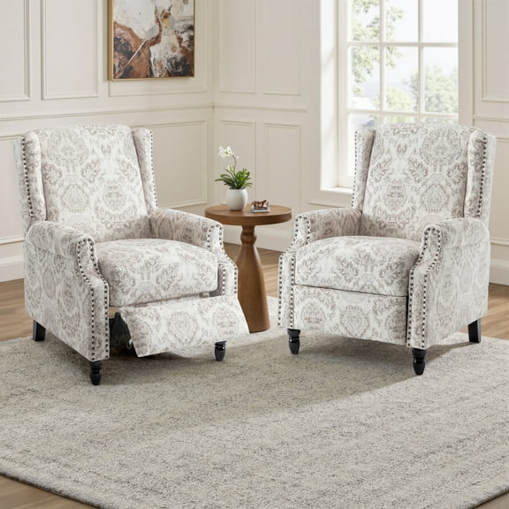 UIXE Recliner Chair Set of 2, Upholstered Wingback Floral Pushback Armchair with Adjustable Backrest & Footrest, Comfy Accent Chair Reading Single Sofa for Small Spaces, Living Room, Bedroom, Beige