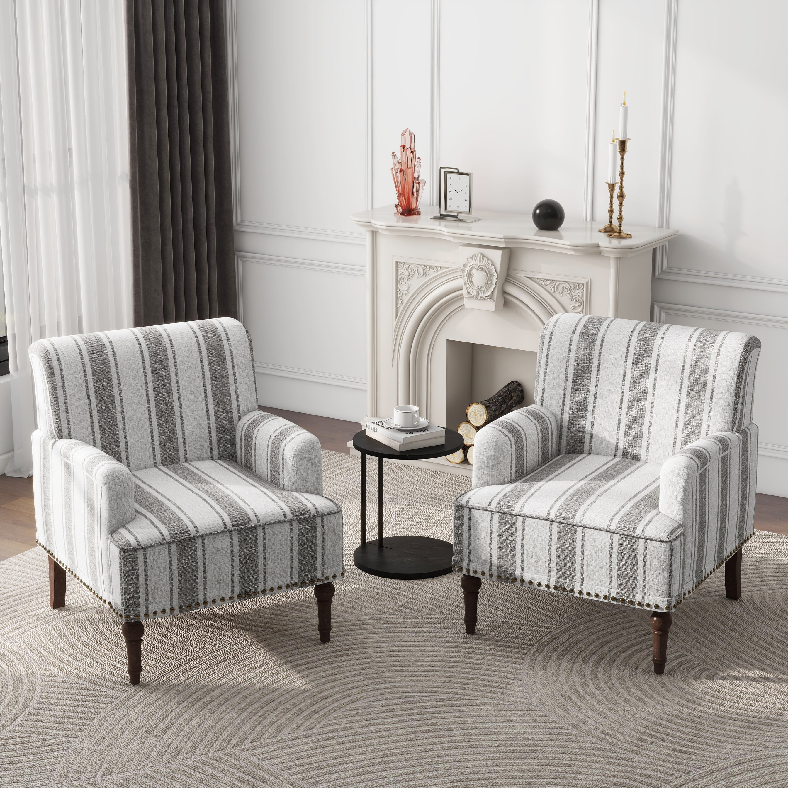 Gray Striped Barrel Accent Chair with Nailhead Trim