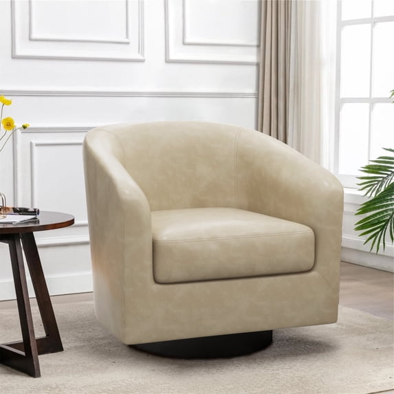 UIXE PU Leather Swivel Accent Chairs, Modern Upholstered Barrel Club Chair for Living Room, Round Armchair Single Sofa, Cream