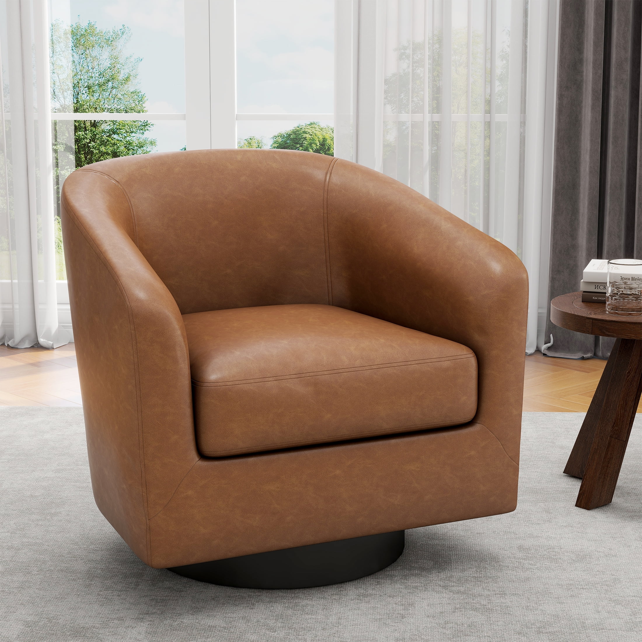 UIXE PU Leather Swivel Accent Chairs, Modern Upholstered Barrel Club Chair for Living Room, Round Armchair Single Sofa, Brown