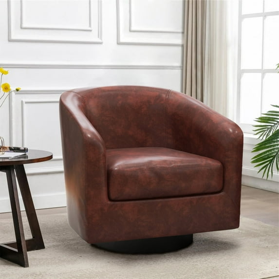 UIXE PU Leather Swivel Accent Chairs, Modern Upholstered Barrel Club Chair for Bedroom, Round Armchair Single Sofa, Red Brown