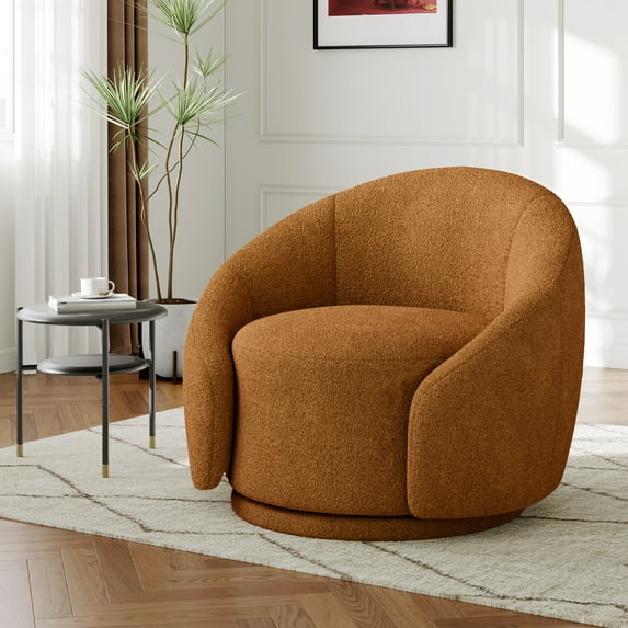 UIXE Swivel Accent Chair Boucle Barrel Chair Upholstered Arm Chair for Living Room, Modern Round Club Chair with Turntable Base, Red Brown