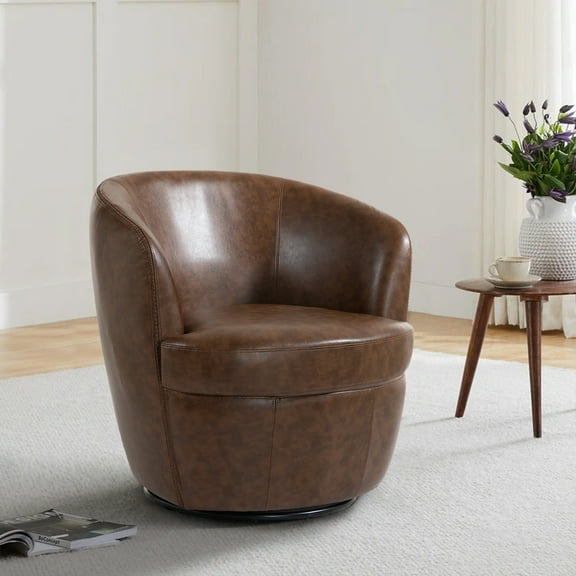 UIXE Swivel Barrel Chair Modern Round PU Leather Accent Armchair for Living Room Bedroom Office Comfy Club Reading Chairs, Coffee