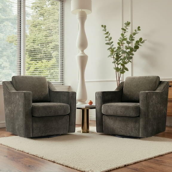 UIXE Swivel Accent Chair, Modern Round Barrel Arm Chair for Living Room, Bedroom, Comfy Club Reading Chairs for Adults (Chenille Light Coffee, Set of 2)