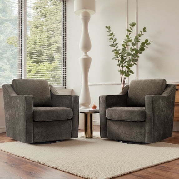 UIXE Swivel Accent Chair, Modern Round Barrel Arm Chair for Living Room, Bedroom, Comfy Club Reading Chairs for Adults (Chenille Light Coffee, Set of 2)