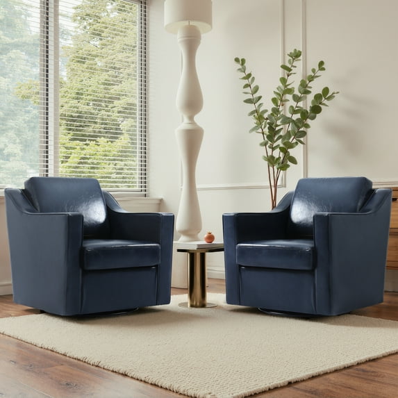 UIXE Swivel Accent Chair, Modern Round Barrel Arm Chair for Living Room, Bedroom, Comfy Club Reading Chairs for Adults (Faux Leather Navy, Set of 2)