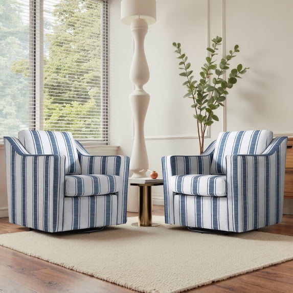 UIXE Swivel Accent Chair, Modern Round Barrel Arm Chair for Living Room, Bedroom, Comfy Club Reading Chairs for Adults (Stripe Navy, Set of 2)