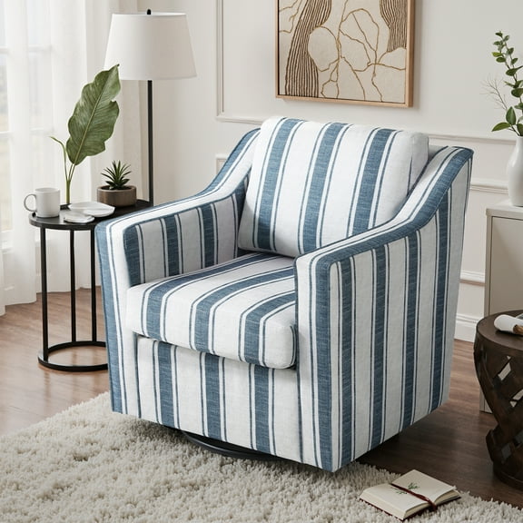 UIXE Swivel Accent Chair, Modern Round Barrel Arm Chair for Living Room, Bedroom, Comfy Club Reading Chairs for Adults, Stripe Navy