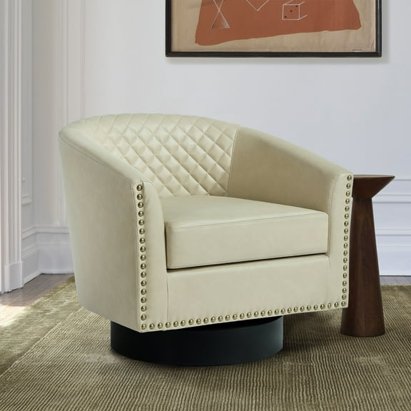 UIXE Swivel Accent Chair PU Leather Barrel Club Chair for Living Room Upholstered Armchair Comfy Single Sofa Bedroom Reading Seat, Beige