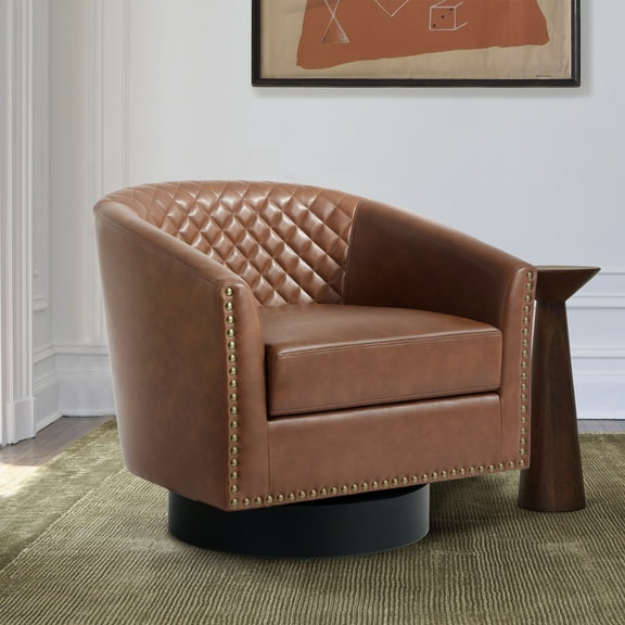 UIXE Swivel Accent Chair PU Leather Barrel Club Chair for Living Room Upholstered Armchair Comfy Single Sofa Bedroom Reading Seat, Brown