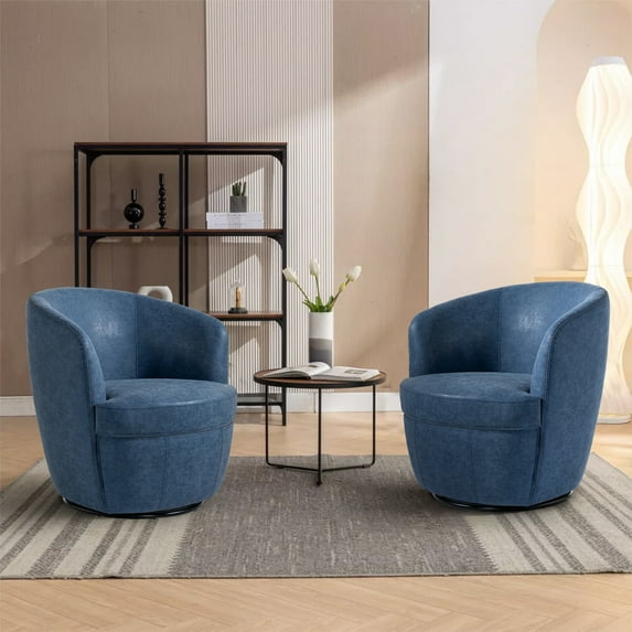 UIXE Swivel Accent Chair Set of 2 Faux Leather Barrel Chair Modern Round Arm Club Chair, Navy