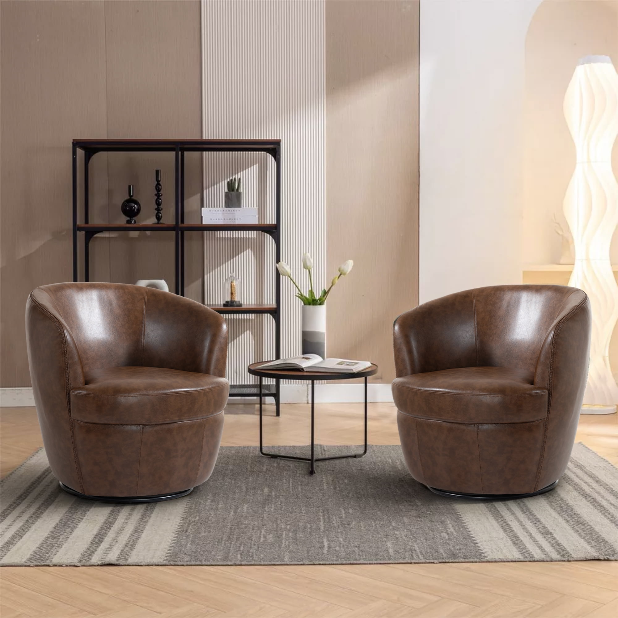 UIXE Swivel Accent Chair Set of 2 Faux Leather Barrel Chair Upholstered ...
