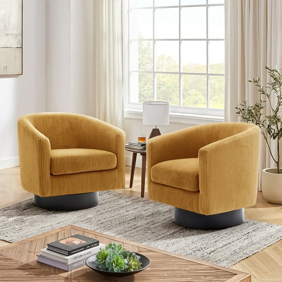 UIXE Swivel Accent Chair Set of 2, Upholstered Corduroy Barrel Chair for Living Room, Small Single Sofa Bedroom Reading Seat, Orange