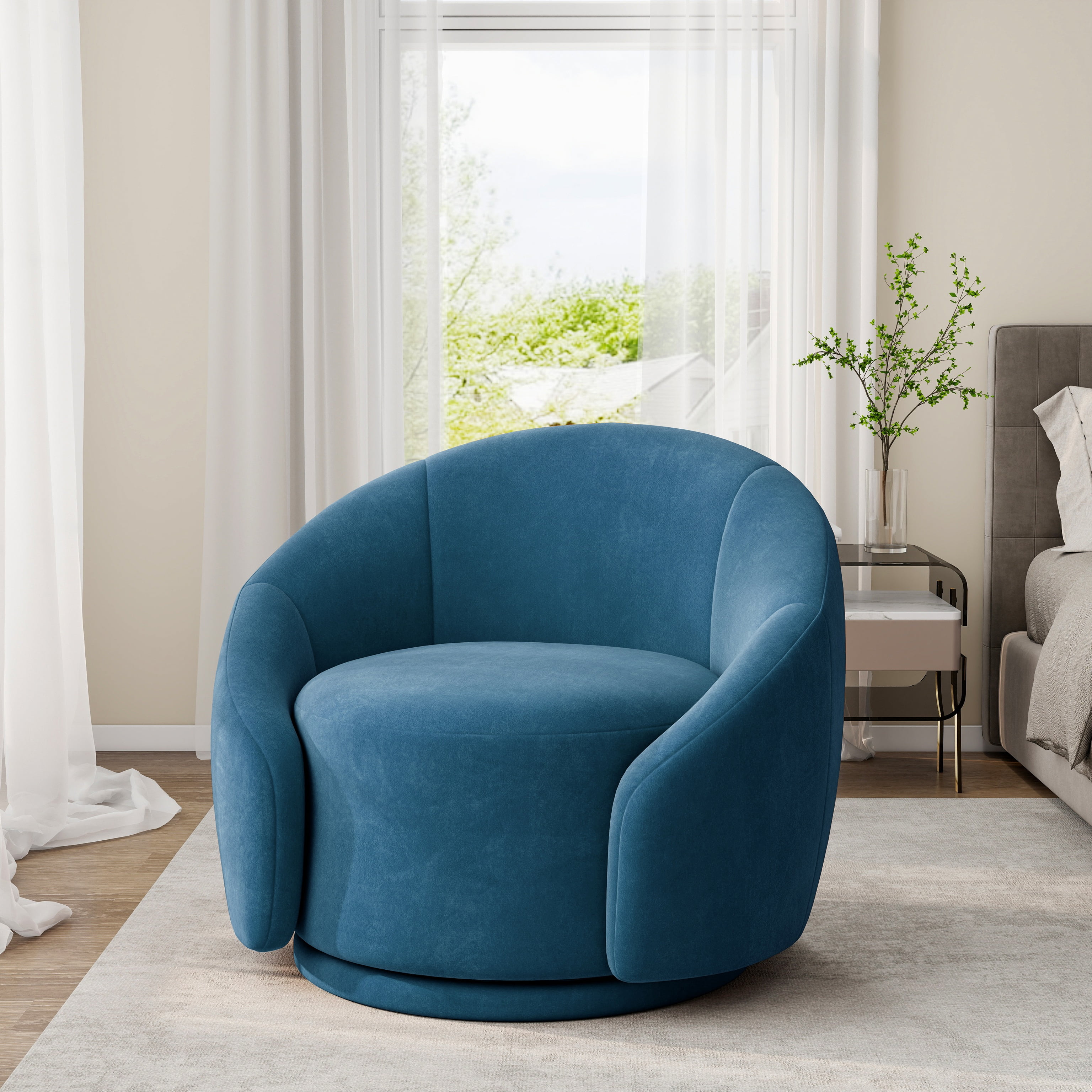 UIXE Swivel Accent Chair Velvet Barrel Chair Upholstered Arm Chair for Living Room, Modern Round Club Chair with Turntable Base, Blue