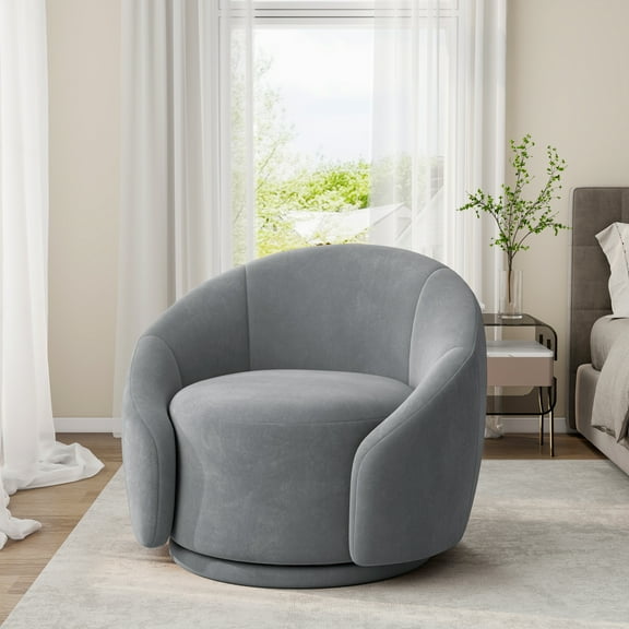 UIXE Swivel Accent Chair Velvet Barrel Chair Upholstered Arm Chair for Living Room, Modern Round Club Chair with Turntable Base, Gray